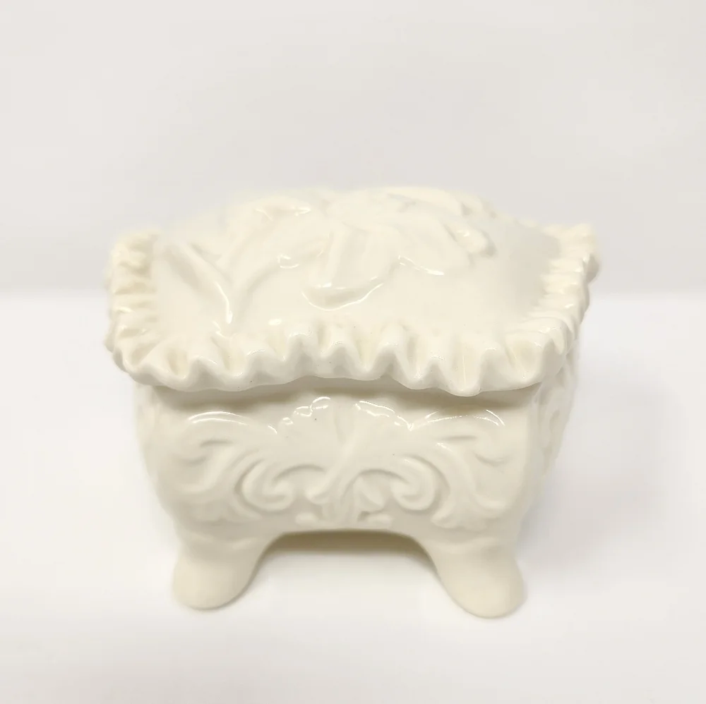 Vintage White Ceramic Glazed Footed Floral Trinket Box